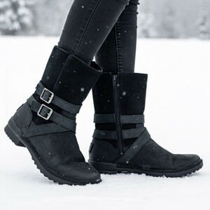 UGG Lorna Waterproof Boots Black Suede Leather buckle fleece women's Size 8